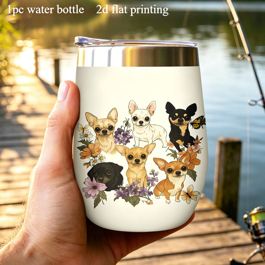 TEMU 1pc 12oz/ 360ml 2d Printed Water Bottle With Lid Thermal Travel Charming Chihuahuas In Various Shades Surrounded By Colorful And Butterflies