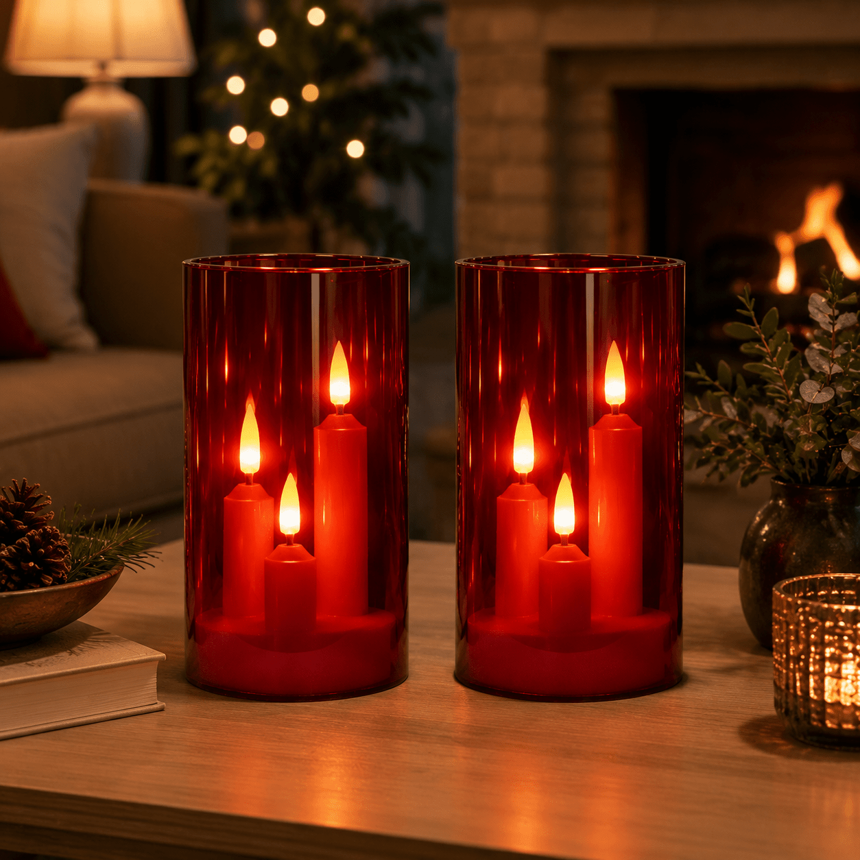 TEMU 2-pack Three-wick Flameless Led Pillar Candles, Red Realistic Flickering Battery-operated Candles, Long-lasting Electric Led Candle Lights For