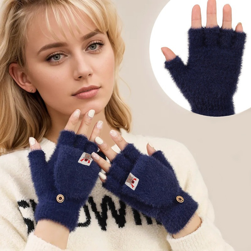 TEMU 1 Pair Women's Autumn/winter Deer Pattern Finger Gloves Warm And Cold Proof With Thick Velvet Outdoor Flip Gloves Christmas Dressing