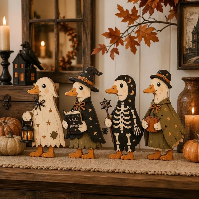 TEMU Halloween Tabletop Decoration Set, Terrifying Standing Duck Statue With And Skeleton Design, Farmhouse Rustic Style Table Ornament For Home