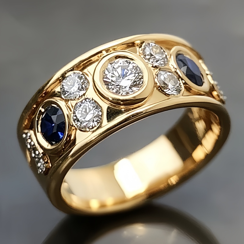 TEMU Vintage Inlay Multi White Blue Synthetic Zirconia Wide Band Ring For Women Banquet Party Holiday Daily Elegant Wide Band Ring Jewelry Gifts