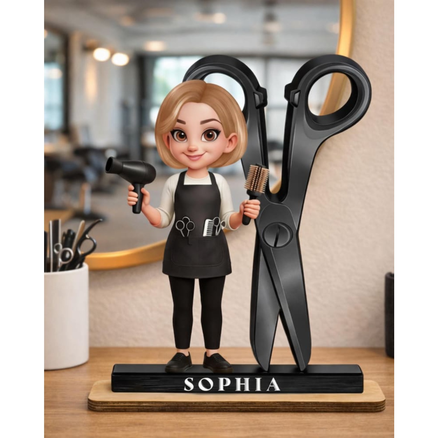 E-shop Cartoon-Figur mit individuellem Friseur-Thema, personalisierte Friseur-Schreibtischdeko mit Namen, Geschenk für Friseure, Souvenir für die