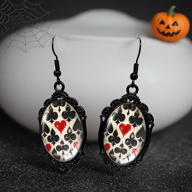 TEMU Boucles d'oreilles ovales faites à avec motif en dentelle noire, comprenant un motif de jeu de cartes, parfaites comme cadeau, pile