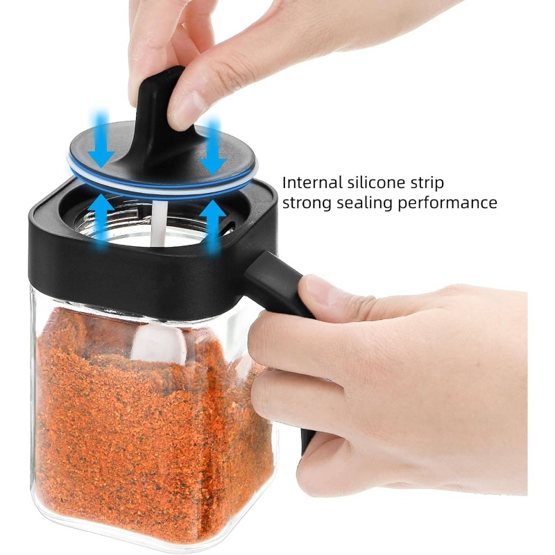 set of 3   condiment jars with lids & spoons - 13.5oz salt, pepper,   containers with tray, modern black kitchen pantry storage set, seasoning box for countertop organization Product details 3
