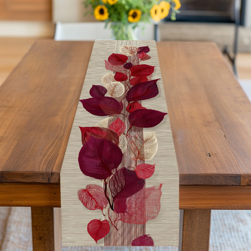 TEMU Leaf Pattern Table Runner | Red And Beige Tone, Polyester, Hemmed Edge, Thanksgiving, Christmas, New Year's Day, Birthday, Anniversary, Home,