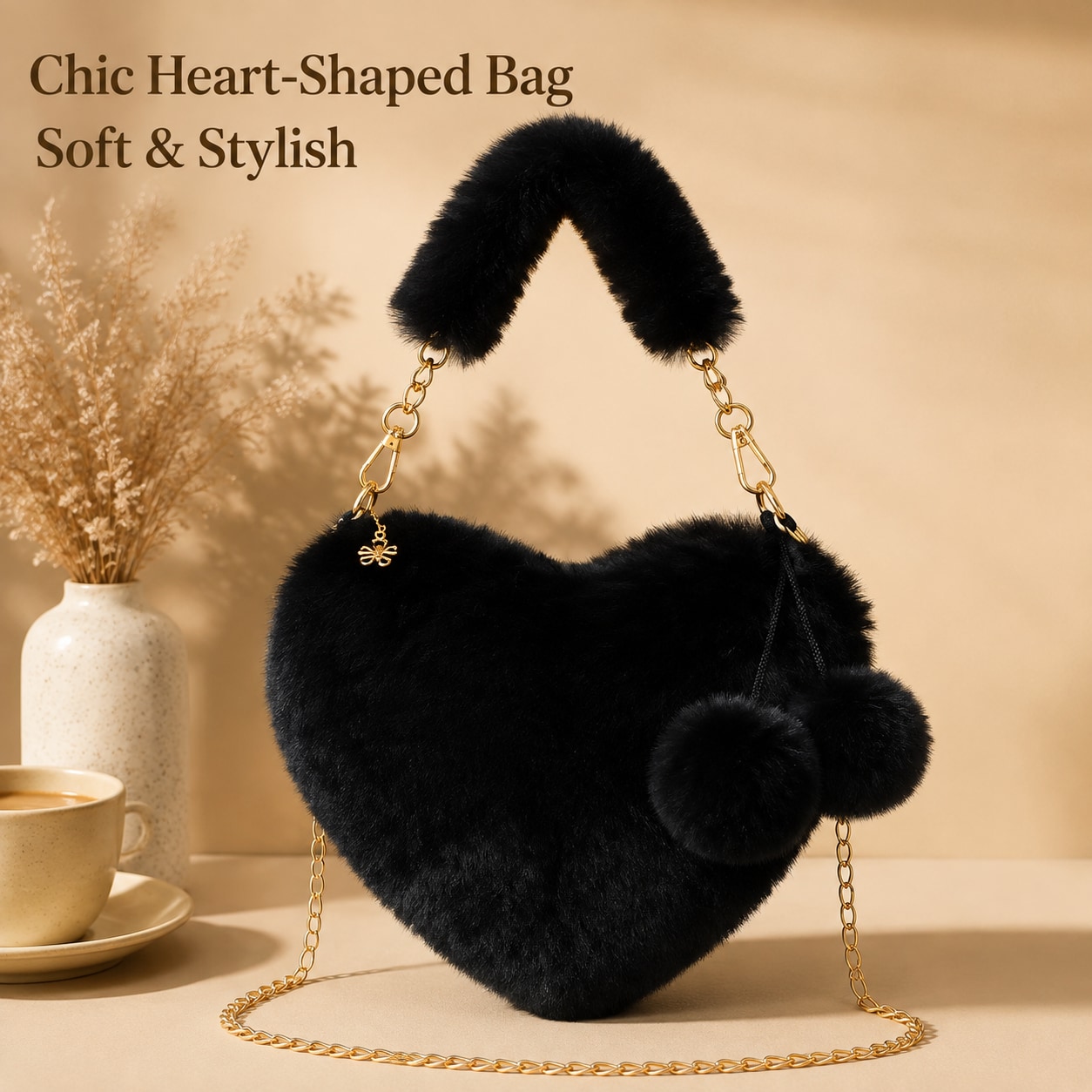 TEMU Women's Crossbody Bag, Heart-shaped Plush Shoulder Bag With Strap And Top Handle, Fashionable Fluffy Casual Bag For Daily Commute And Shopping