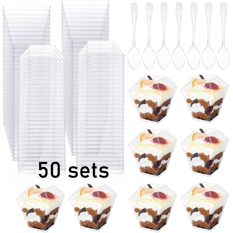 Image of 20 Or 50 Sets Mini Dessert Cups With Lids And Spoons, Birthday Mini Cake Cups, Suitable For Parties, Weddings, Birthdays, Holidays, New Year Gifts