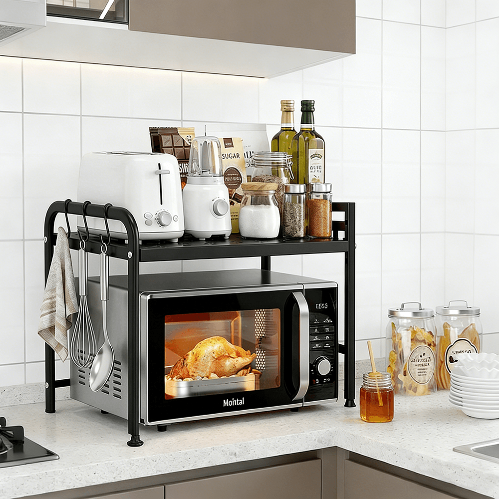 Two-level Kitchen Storage Rack, Metal Microwave Stand With Utensil Holder, Durable Support For Toasters And Compact Appliances, Space-efficient For Kitchen Areas, Standing Shelf, Standing Shelf