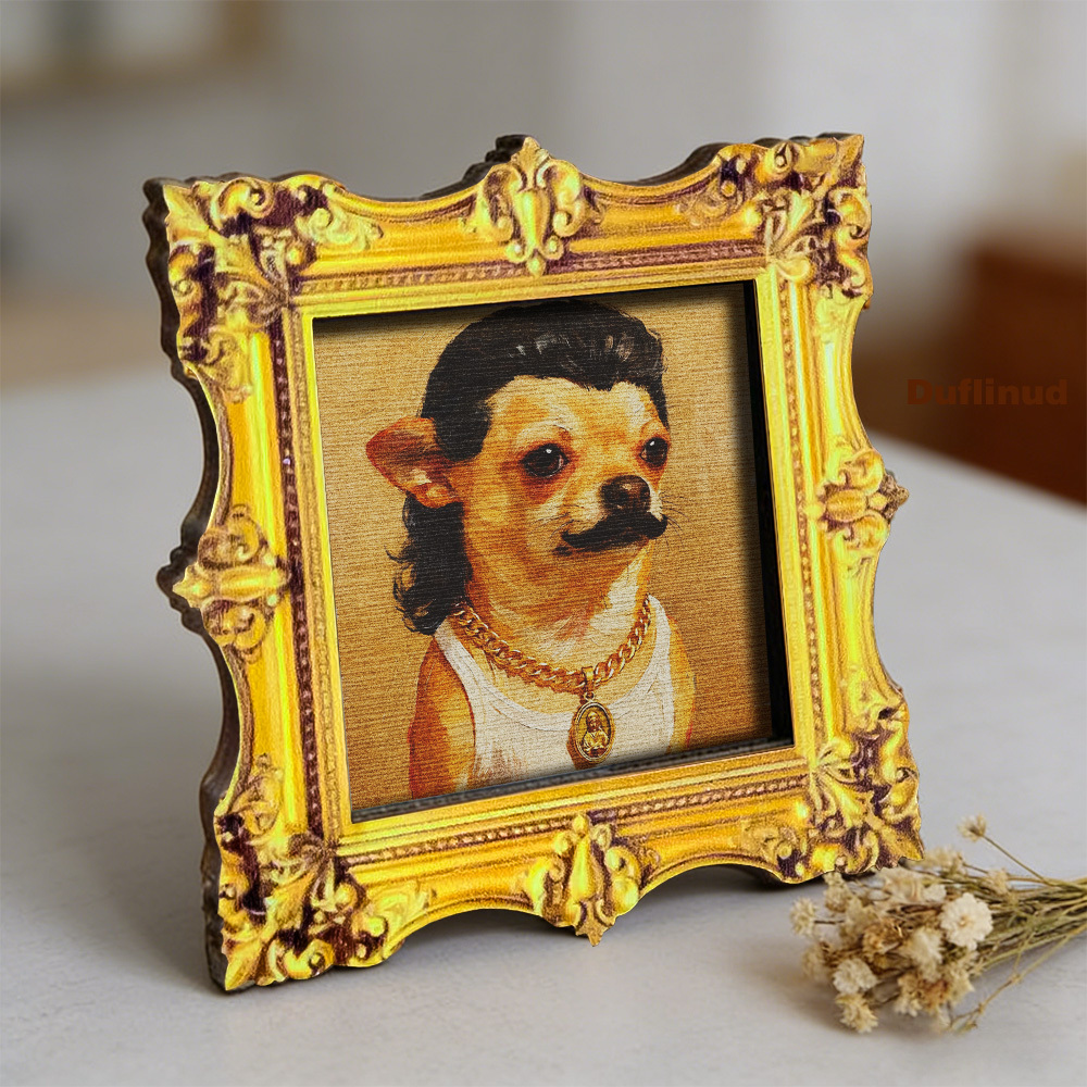 E-shop Niedlicher Chihuahua Kühlschrankmagnet aus Holz, Vintage Holzminiaturen Dekor Malerei Cooler Chihuahua mit Bart und Goldener Kette,