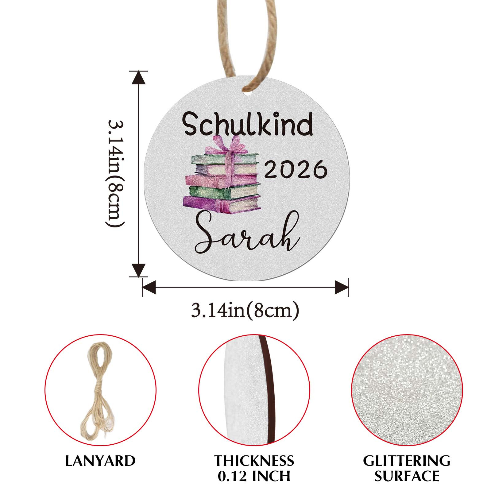TEMU 1pc Personalized German Back-to-school Hanging Ornament, Holiday Pendant, Hanging Decoration Party Decor, Personalized Name, Sparkling Silvery