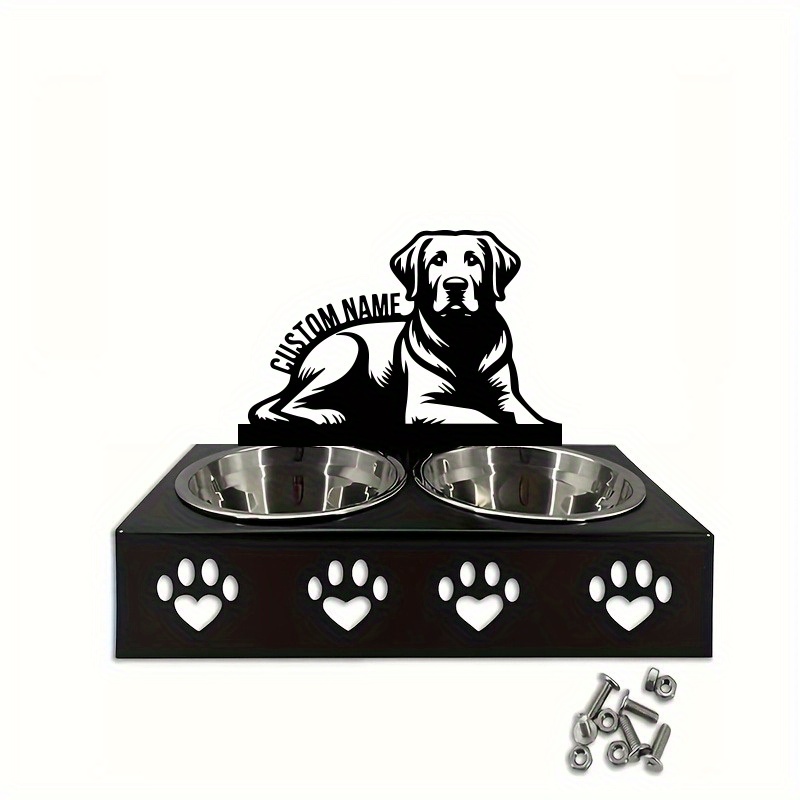 TEMU Customizable Dog Bowl Rack With 2 Stainless Steel Bowls - Personalized Pet Feeding Station, Customizable Name, Design With Paw Print Pattern,