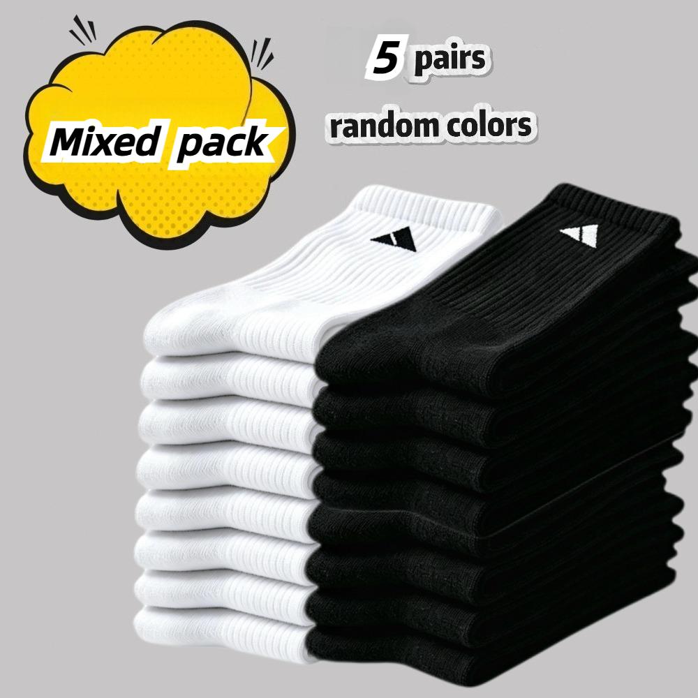 TEMU 5pairs Mid-calf Socks, Unisex Random Colors, Moisture-wicking Fabric, Non-slip And Wear-resistant Sole, Toe Design, Spring Summer Fall Winter