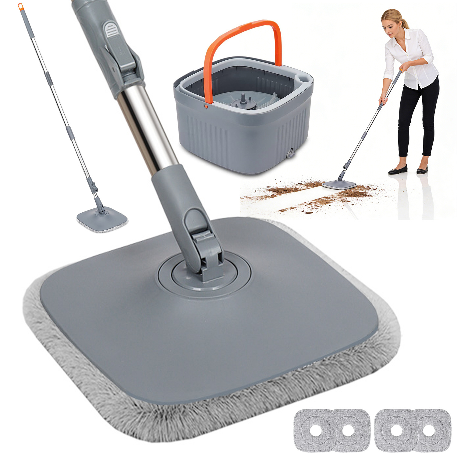Image of This Mop Set Includes A Bucket, A Mop With An Extension Rod, And 4 Reusable Mop Heads. Suitable For All Floor Types.