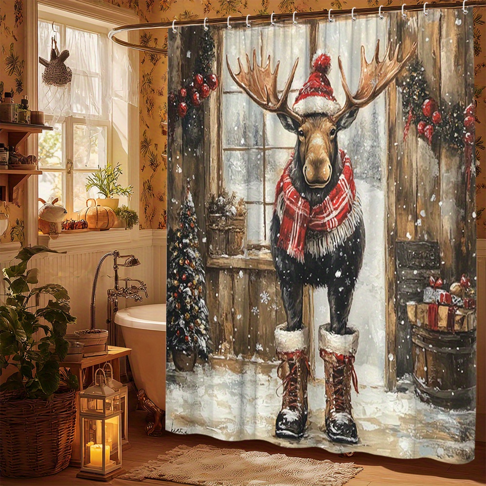 TEMU 1 rideau de douche Noël Élan avec 12 crochets - Décor de bain pour les fêtes d'hiver, Élan avec chapeau de Père Noël, de neige et cadeaux,