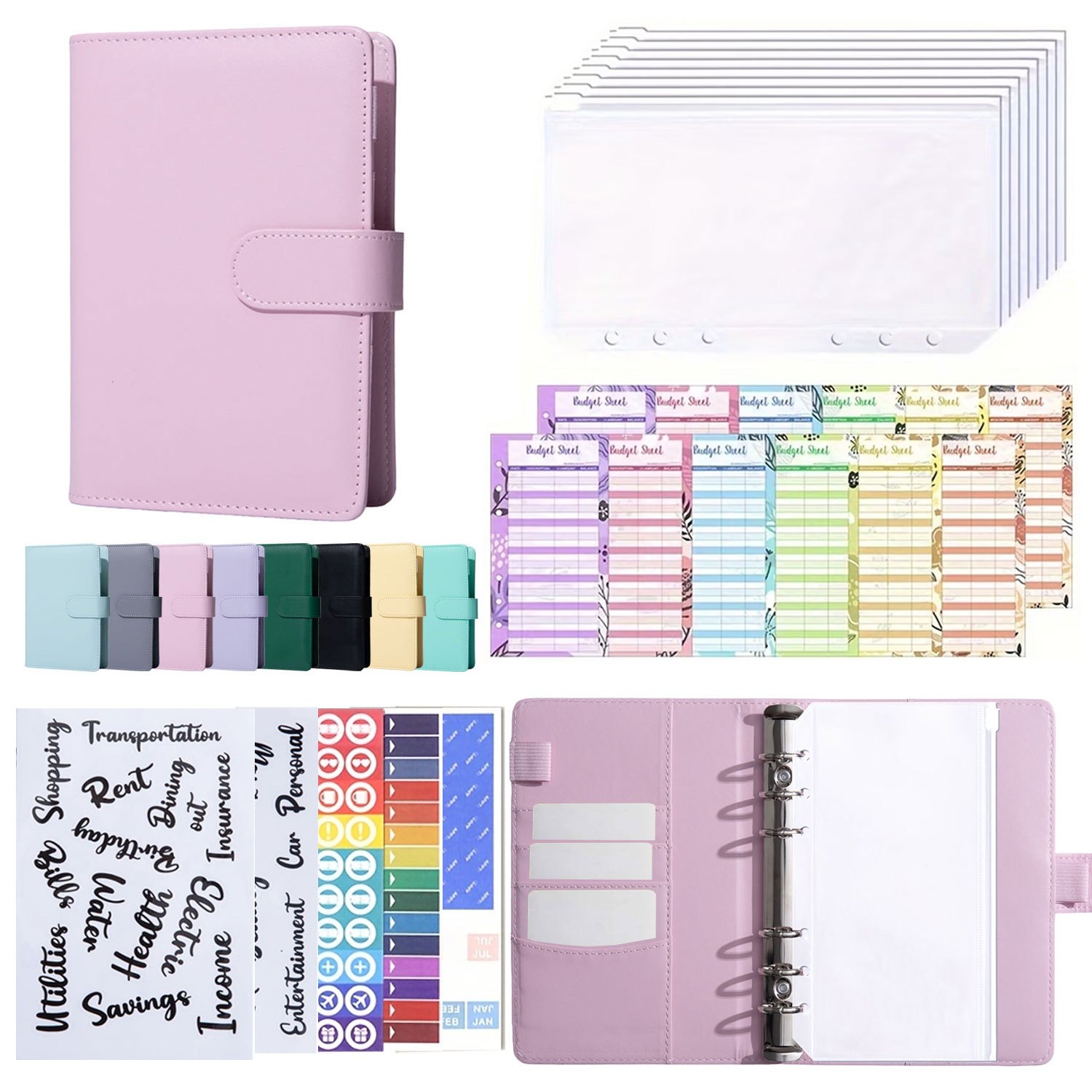 TEMU 1 Women's Checkbook Cover, A6 Ring Binder, With 8 Zipper Envelopes, 12 Cash Budget Cards, 3 Stickers, And 2 Clear Stickers - Cash Budget