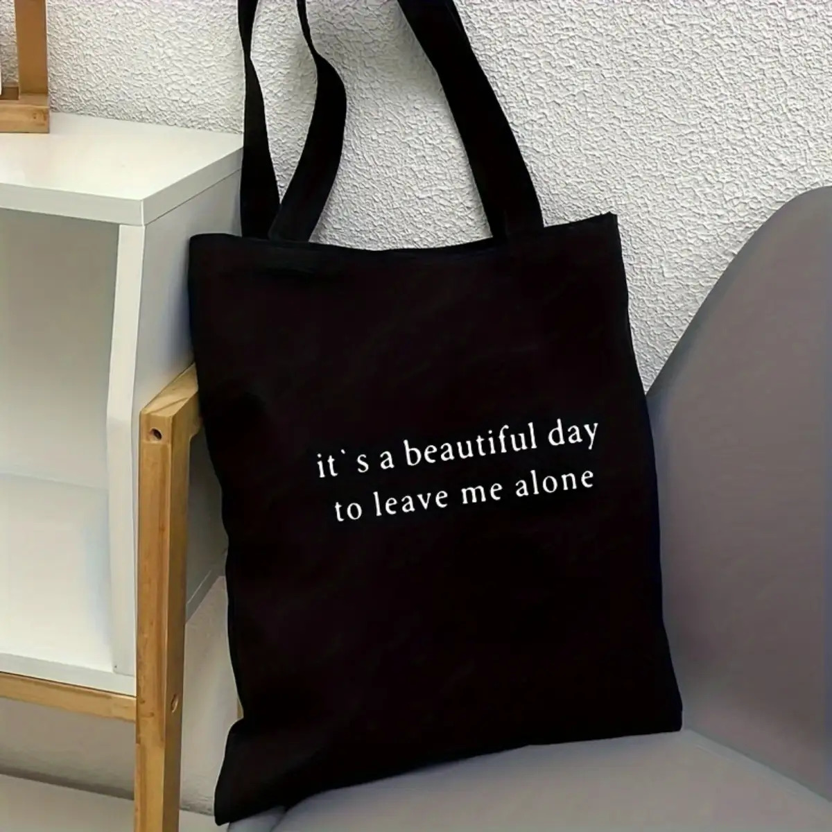 2d Flat, 1pc Large Capacity " A To Alone" Tote Bag - Foldable Black Shoulder Bag With Text Print, Wide Handle For,…: retailer-supplied image