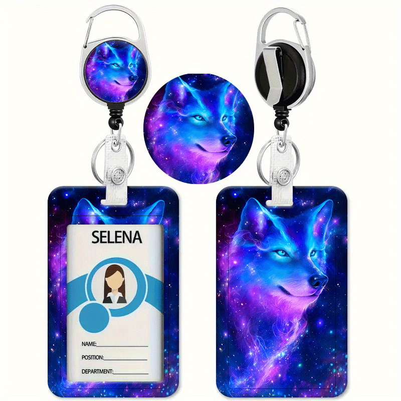TEMU Gradient Starry Sky With Blue And Purple Fox Print Card Holder, Retractable Badge Lanyard - Id And Credit Card Holder, Heavy-duty Badge Lanyard