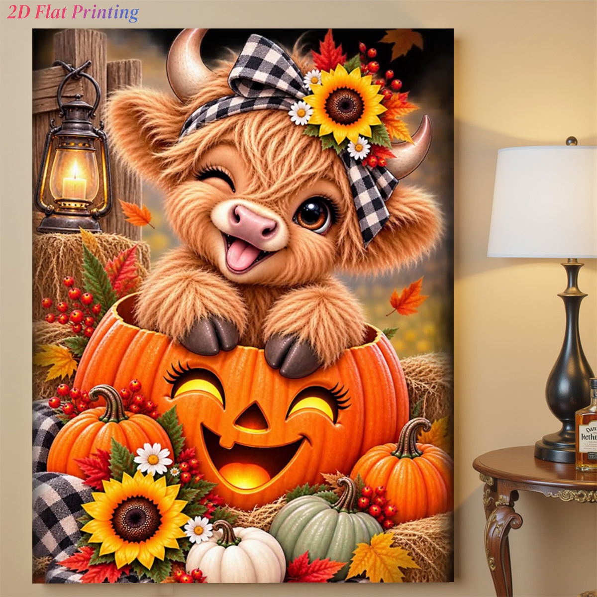 TEMU 2d Flat Printing Unframed 5d Drill Diamond Painting Kit, Highland Cow In Pumpkin For Adults, Home Wall Decor, Perfect Gift For Halloween,