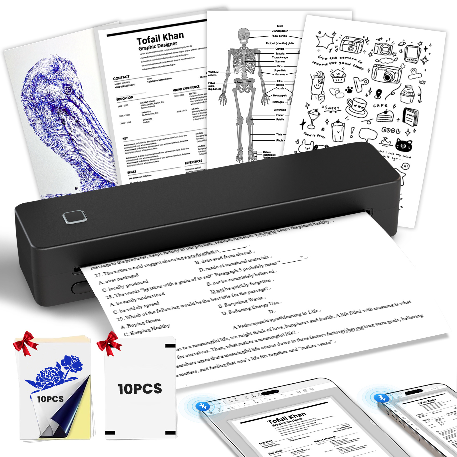 Portable Thermal Printer, Wireless Inkless Printer Letter & A4 Thermal Paper/rolling/tattoo Paper, Compact 8" Tattoo Printer Fit For Phone & Laptop, Suitable For Home Office