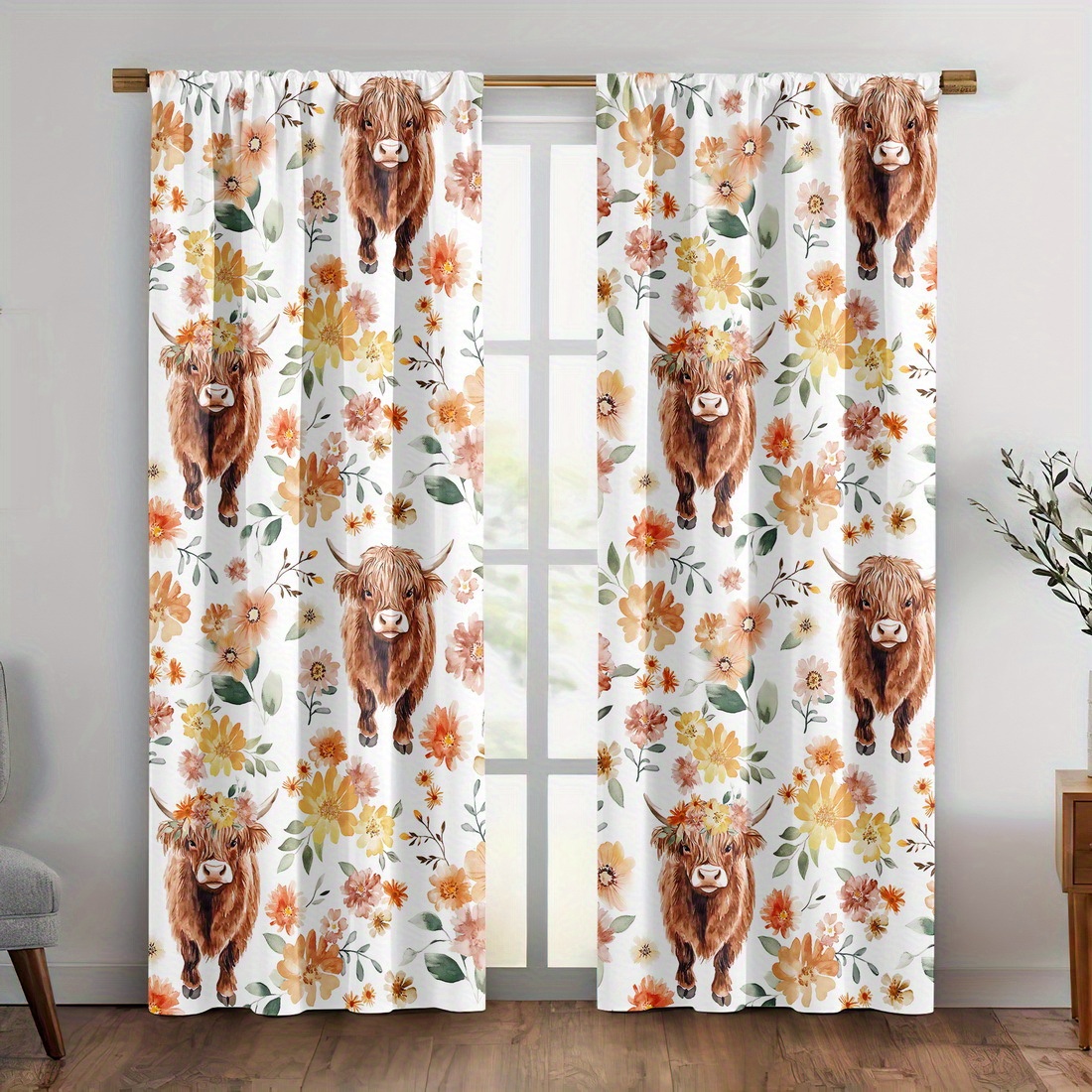 TEMU 2pcs Floral & Highland Cow Print Blackout Curtains - 100% Insulated Machine Washable Rod Pocket Window Drapes For Bedroom, Living Room, Kitchen,