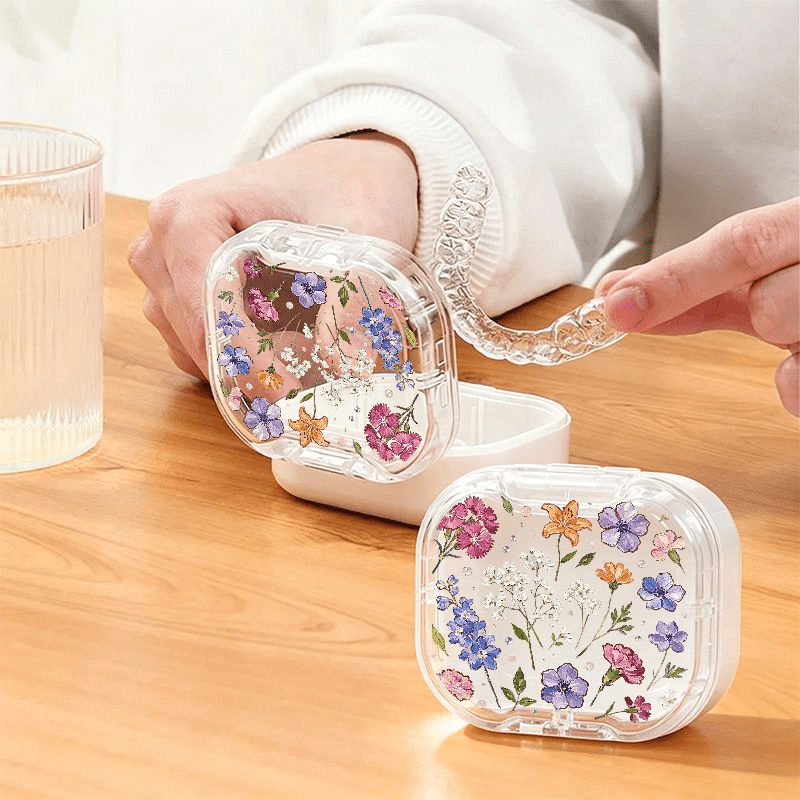 TEMU Purple-blue Floral Print Portable Retainer Storage Case For Invisible Braces And Dentures, Travel-friendly Sealed Storage Box