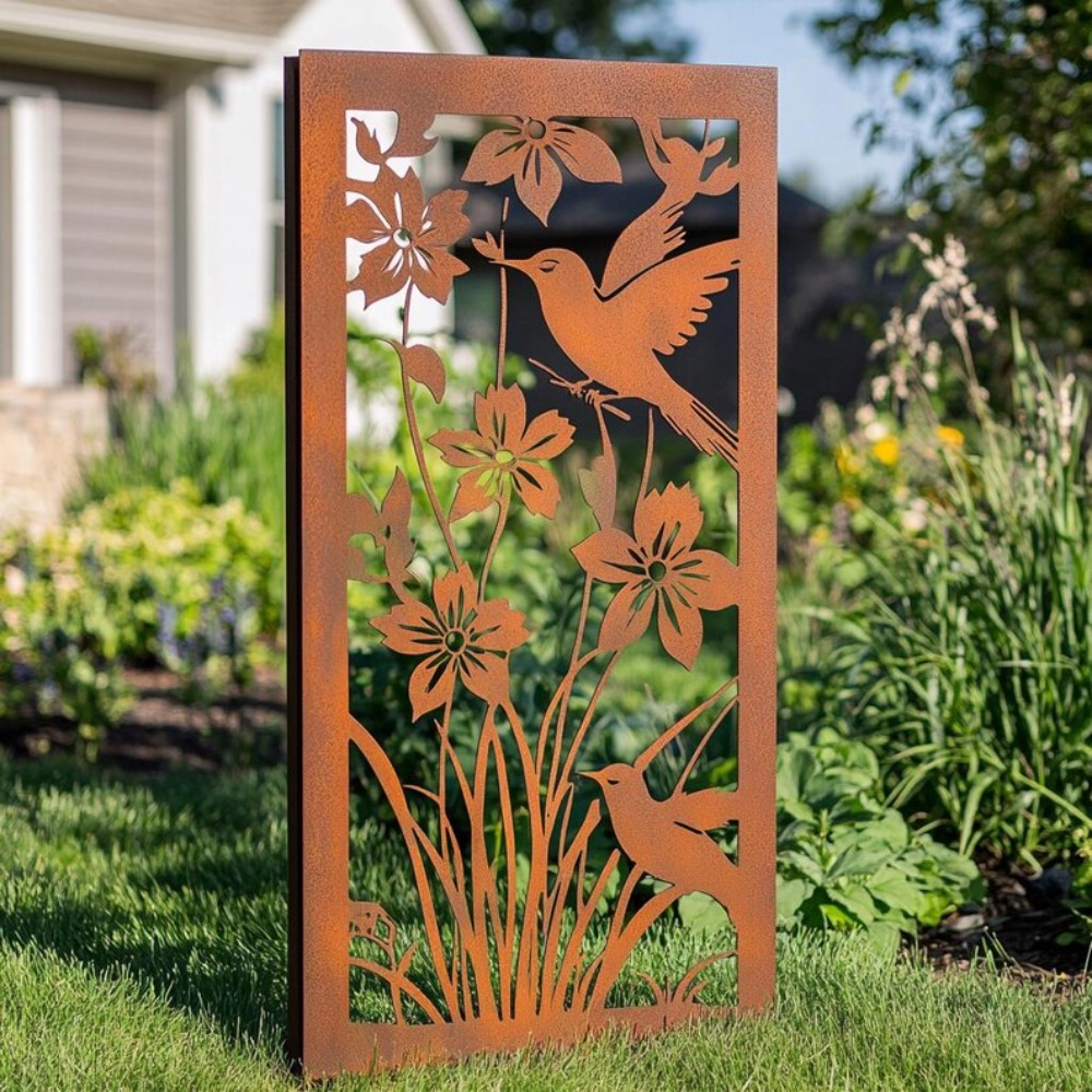 TEMU [2d Flat] Rustic Hummingbirds And Flowers Metal Garden Panel - Garden Decor