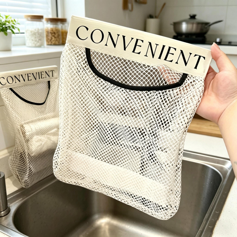 3pcs Set Kitchen Hanging Mesh Storage Bag with Adhesive Hooks