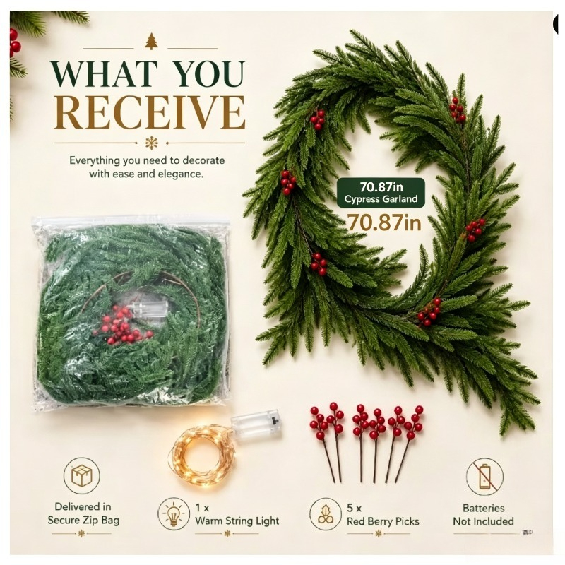 TEMU Christmas Decorations For Home Realistic Artificial Pine Christmas Garland With 5 Stems & String Lights (batteries Not Included), Faux Greenery