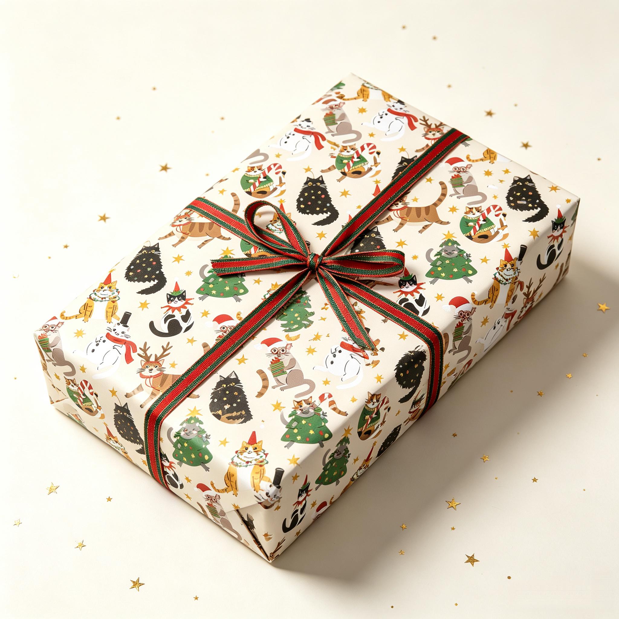 TEMU 1 Rolle Weihnachtsgeschenkpapier 17X118 Zoll, Niedliches Weihnachtskatzen--Schneeflocken-Druck Geschenkverpackungsrolle, Dickes,