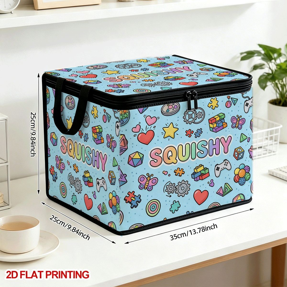 TEMU 1pc 2d Flat Foldable Zipper Storage Box, Light Fun Element Full Print Design, Can Store Clothing And Bedding, Nail Art Tools, Holiday