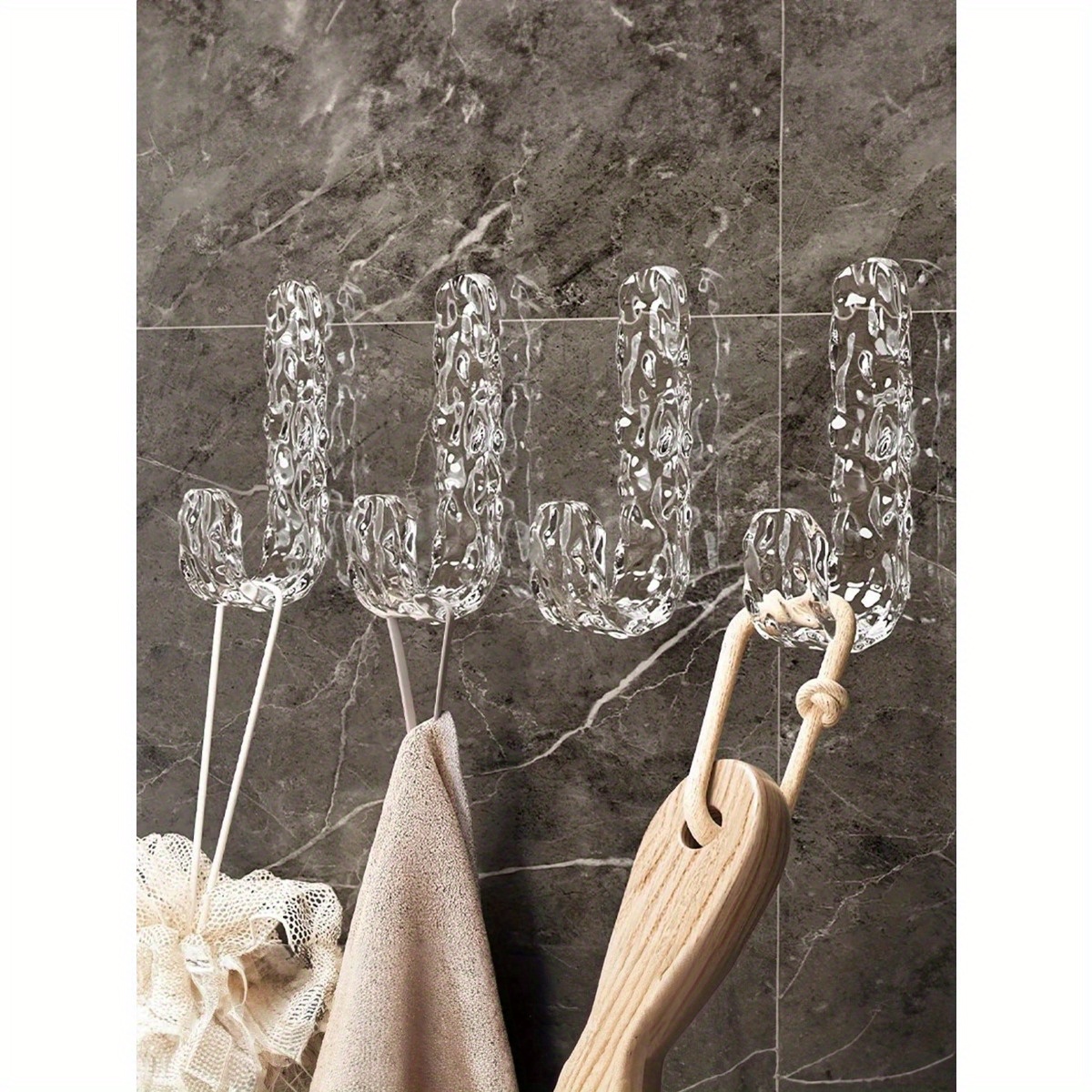 TEMU 4pcs Household Bathroom Wash Storage Hook Washstand Water Ripple Punch-free Towel Sticky Hook Behind Door Storage Rack