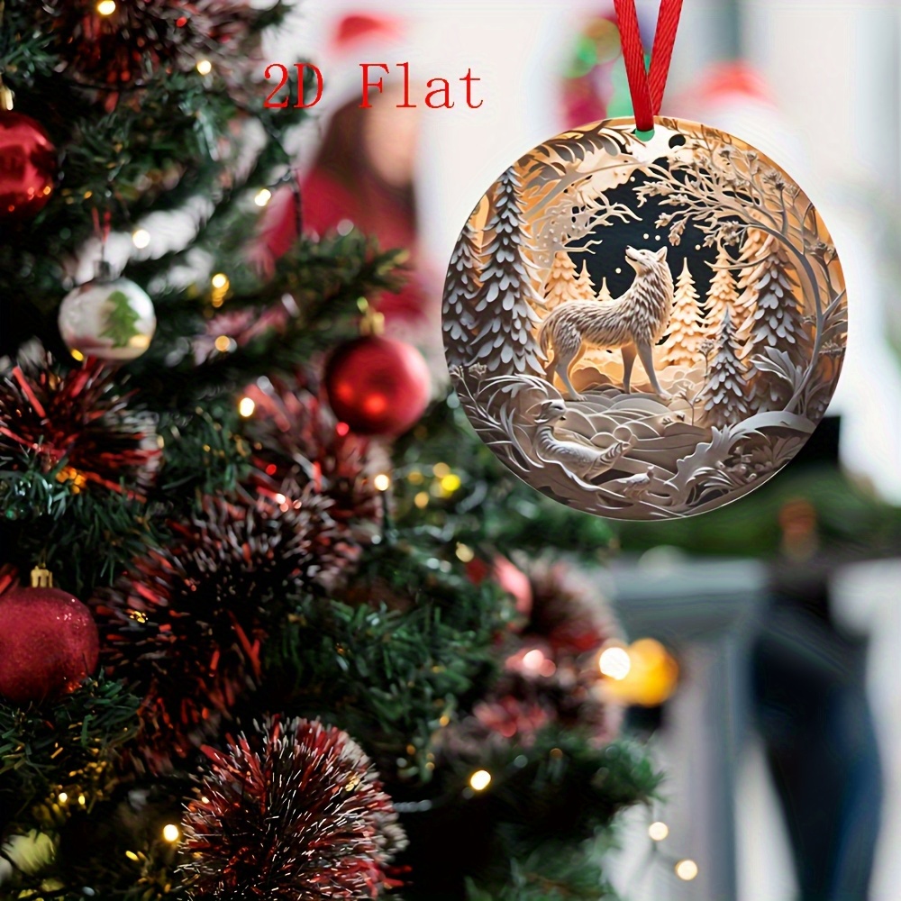 TEMU 2d Flat Printing Country Style Wolf Farmhouse Christmas Decor - Round Christmas Tree Ornament, Suitable For And Party Decoration, Handmade