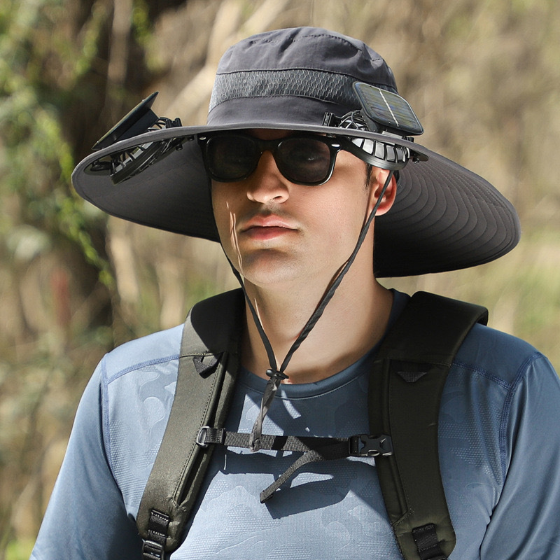 TEMU Solar Dual Fan Outdoor Cooling Hat, Breathable Wide Brim Fisherman Hat With Adjustable Strap, Strong Airflow, Long , For Fishing Camping Hiking