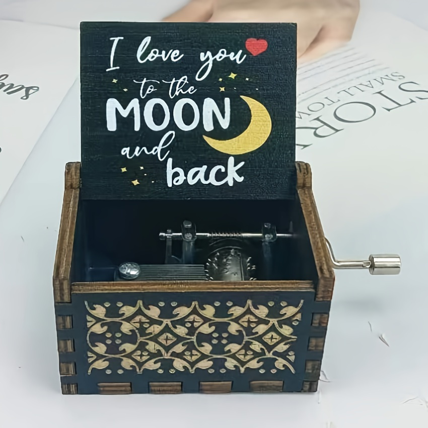 Image of 1pc Hand-cranked Wooden Vintage Music Box I Love You As Far As The Moon, Carved Small Music Box, Gift For Birthday/anniversary/wedding/valentine's Day/new Year, Home Office Desk Decoration