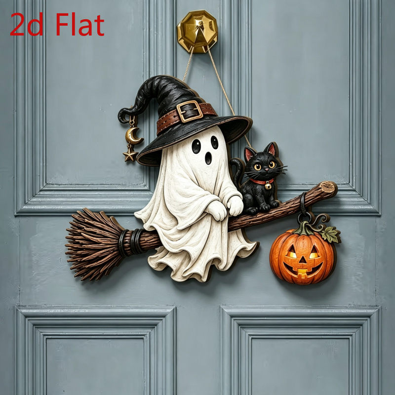 TEMU Colgador de puerta de de escoba 2D, decoración de pared de puerta principal de calabaza de gato negro de lindo de Halloween, estilo gótico de
