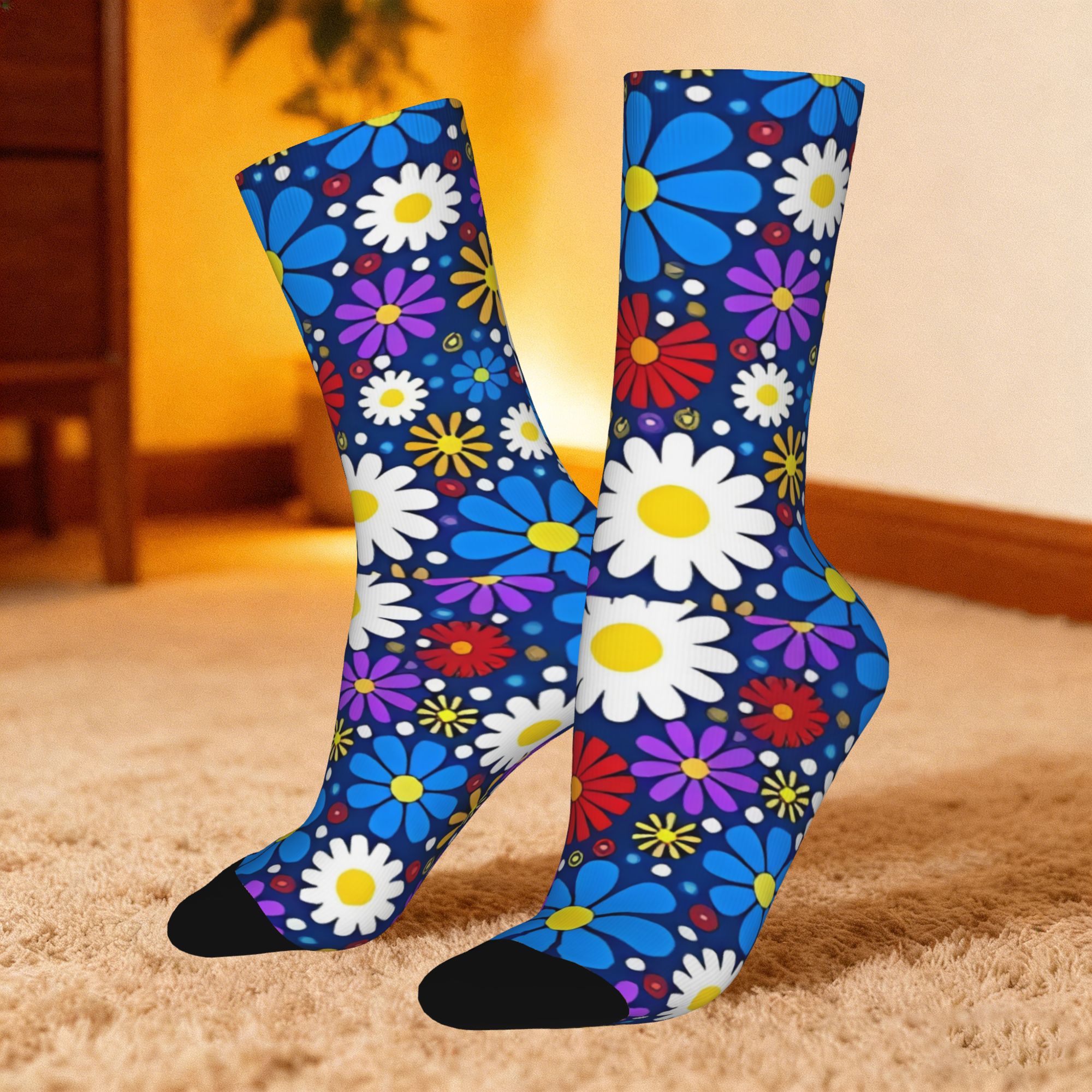TEMU 1 Pair Hip Hop Vintage Flowers Crazy Men's Compression Socks Unisex Harajuku Seamless Printed Funny Novelty