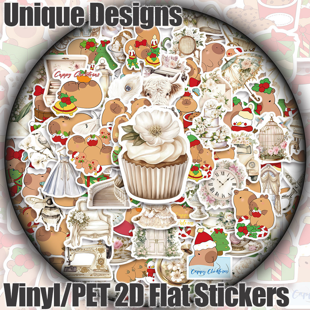 item picture 100pcs christmas capybara and white vintage aesthetic tablet stickers pack     birthday and home decor suitable for laptop luggage scooter handbook cups notebooks water bottle phone case