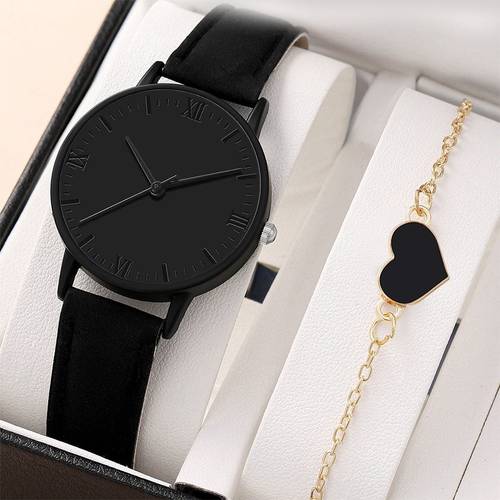 reloj de cuarzo casual de negocios para mujer, esfera analógica, juego de pulsera, correa de cuero sintético, pila de botón - 2 piezas/juego (sin de reloj)