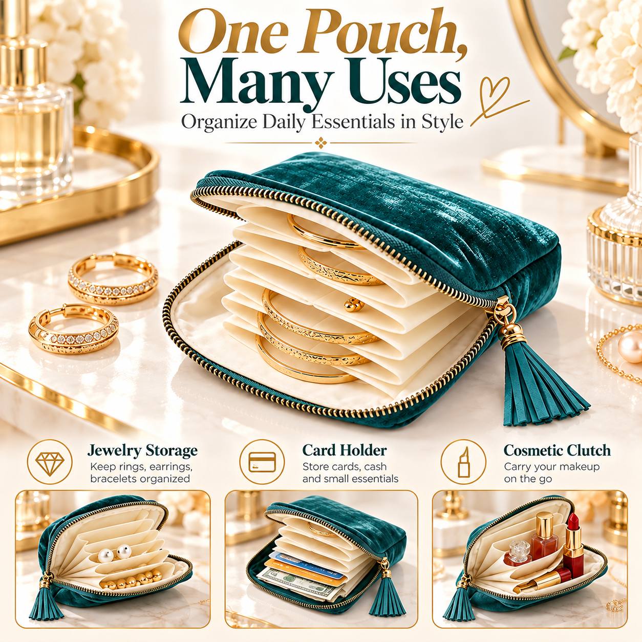 Portable Velvet Tassel Jewelry Organizer with Zipper Closure