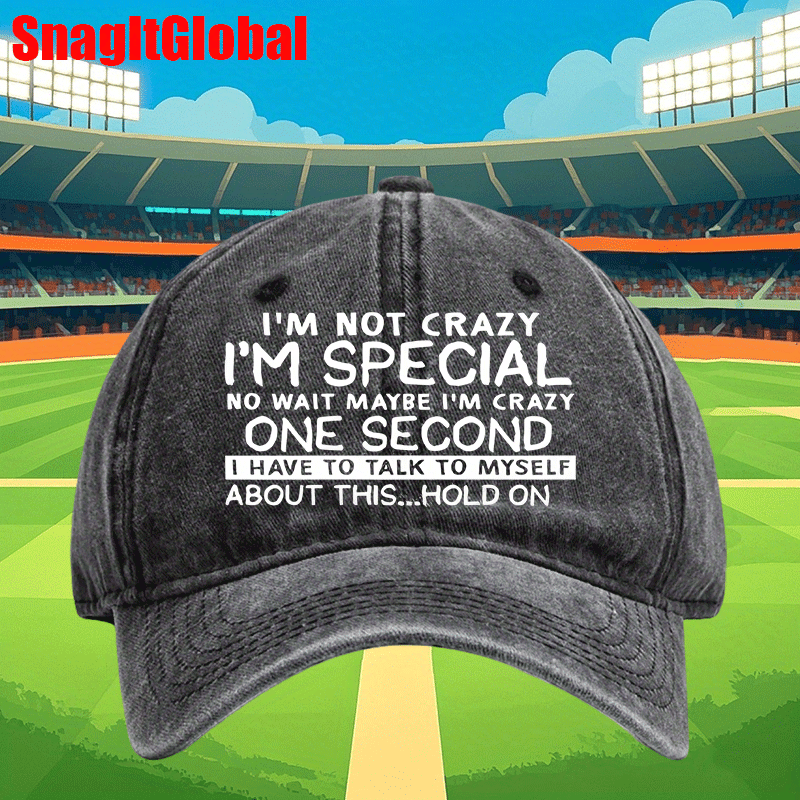 TEMU Vintage Washed Blue Baseball Cap With Adjustable Strap - " Crazy, I'm Special" Funny Quote Design, Lightweight & Durable, Ideal For Fishing,