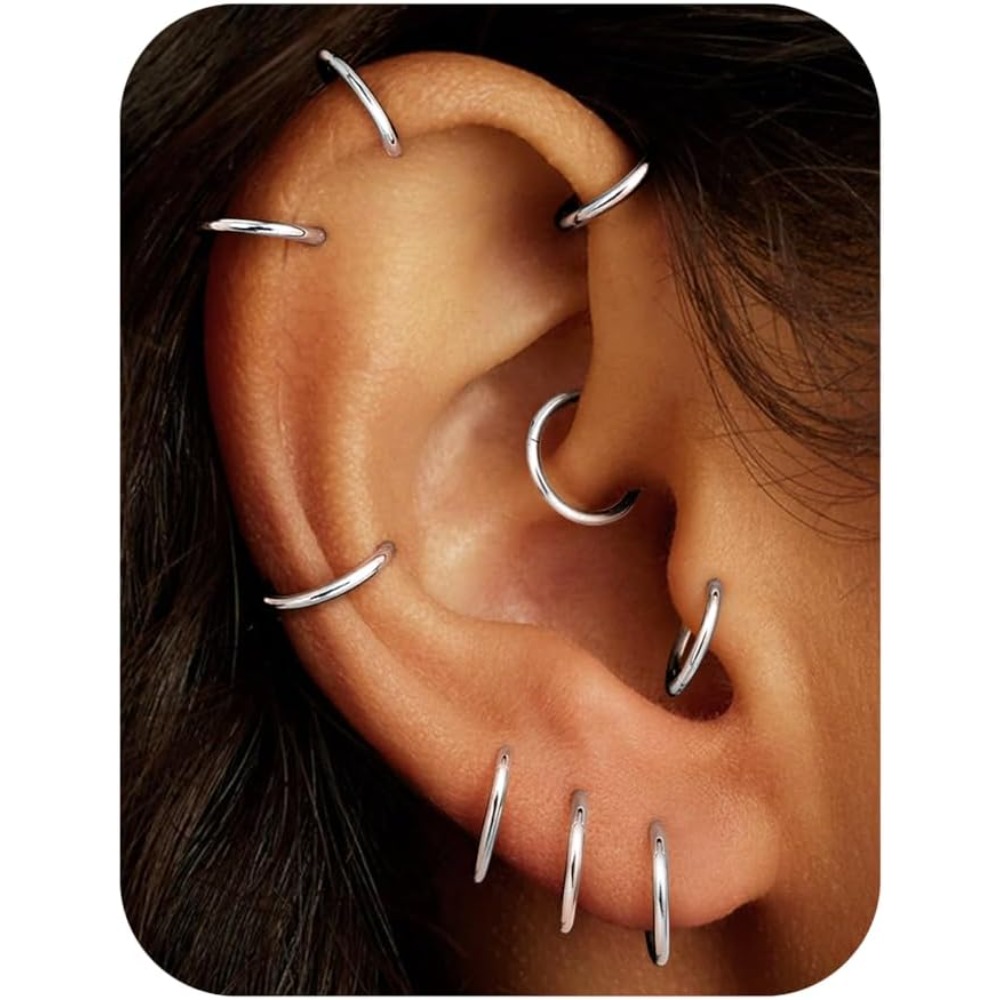 Image of Set Of 9 Cartilage Hoop Earrings For Men And Women - Stainless Steel Hinged Clicker Nose Rings Suitable For Helix, Septum, Conch, Daith, Lip, And Tragus Piercings