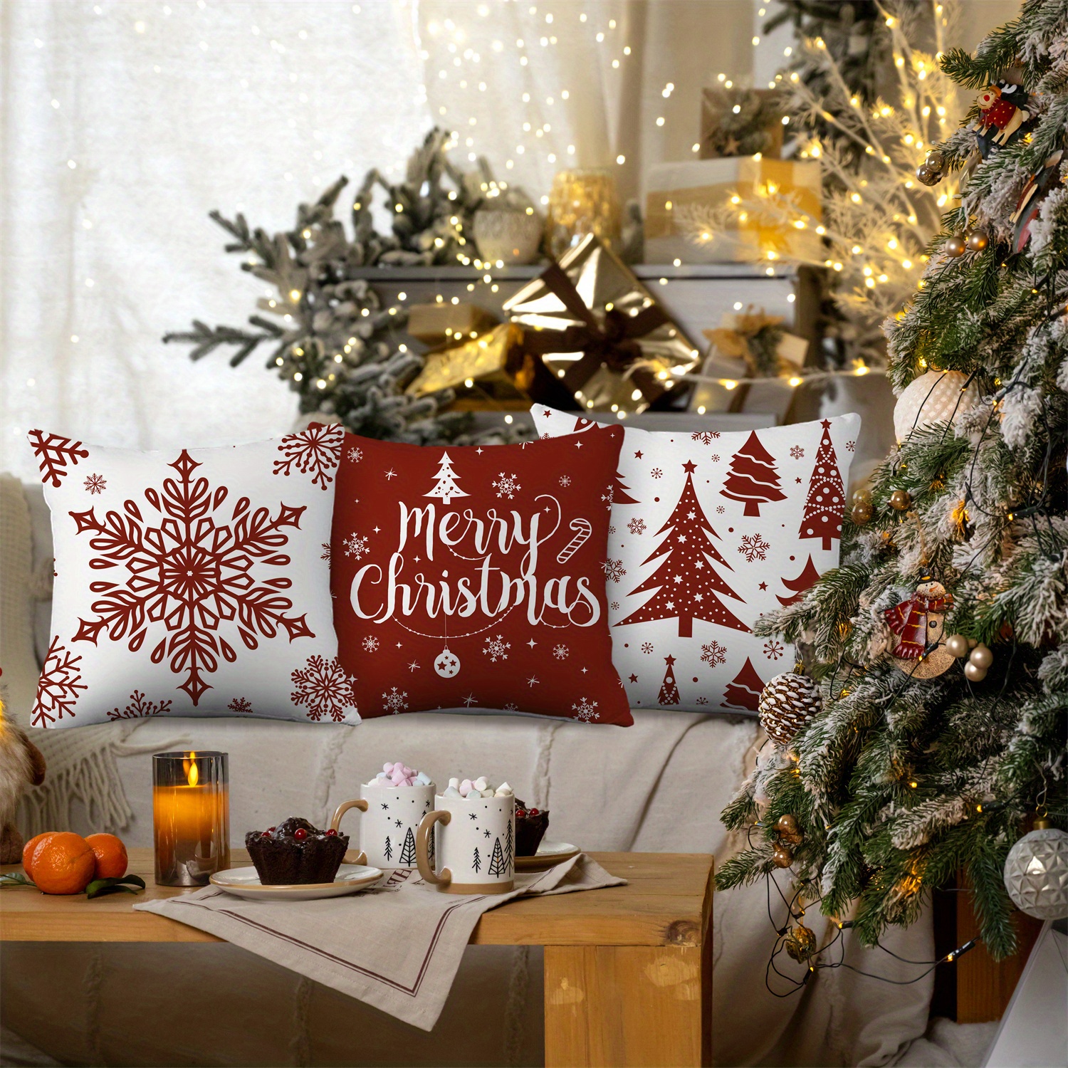 4pcs Christmas Throw Pillow Covers - Merry Christmas Christmas Tree Snowflake Christmas Ornament Designs, Zip Closure, Farmhouse Winter Holiday Decorative Cushion Case for Bedroom Sofa Couch