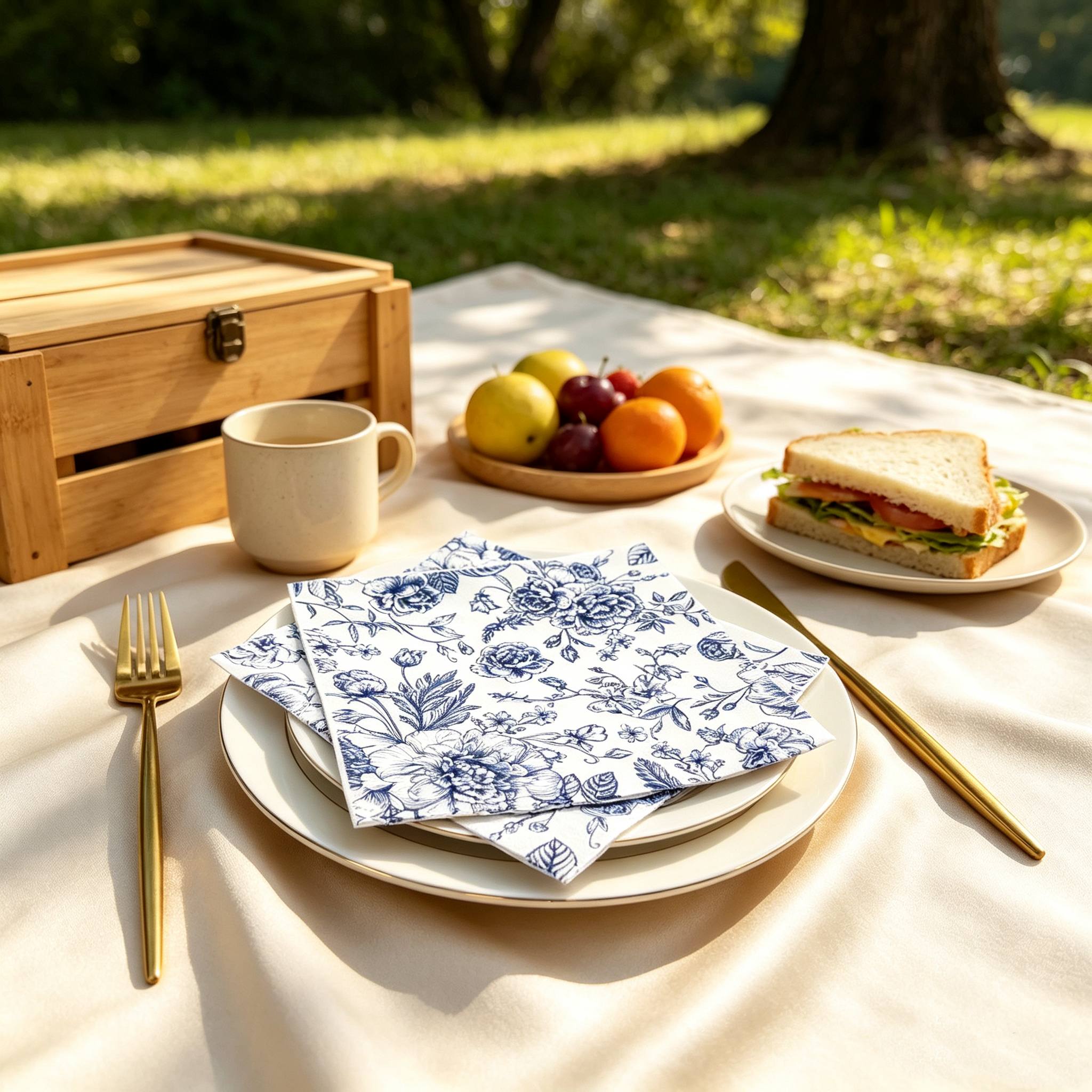 TEMU 10pcs/classic Elegant Blue Rose Floral Napkins, Double-layer Disposable Decorative Tablecloths, Blue And White Plant-printed Napkins, Suitable