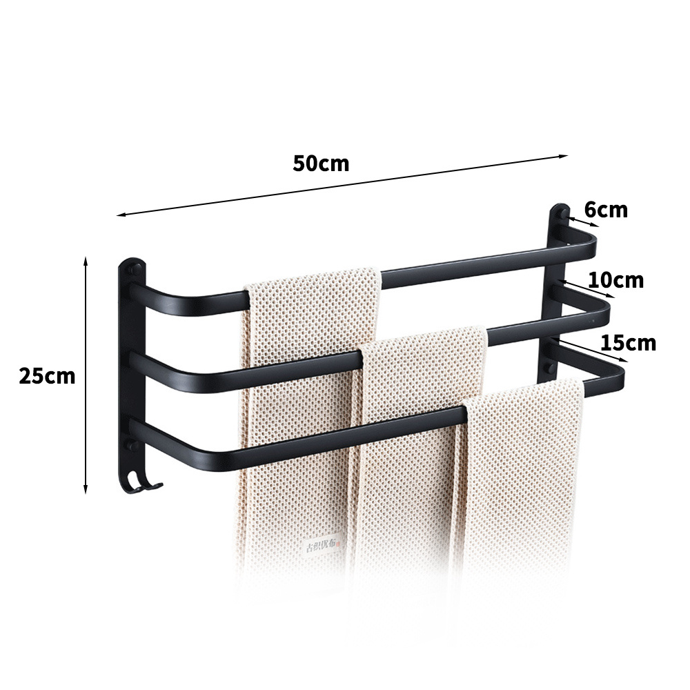 TEMU [ ] Stylish Black 3-tier Towel Rack - Wall Mounted Aluminum, Sturdy & , 19.7"x9.8"x5.9", With Hooks For Bathroom , Decorative Towel