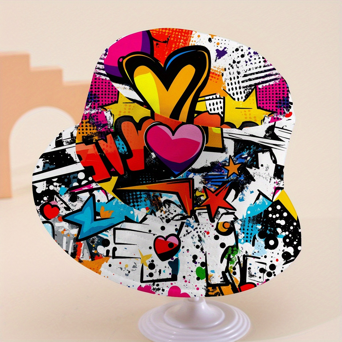 TEMU 1 Chapeau de pêcheur imprimé sur l' et l'arrière, Chapeau de pêcheur universel avec graffiti, de cœur et d', Tendance été pour hommes et femmes,