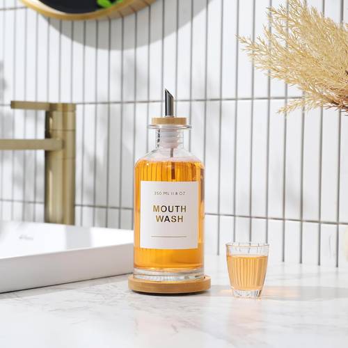 11 8oz glass mouthwash dispenser for bathroom with stainless steel nozzle mouthwash cup reusable tray and elegant golden sticker clear