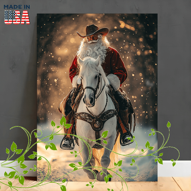 

1 Piece Wood Frame Canvas Painting Print Christmas, Santa Claus, Cowboy Hat, , Snow, Winter , Holiday Riding Landscape Painting Decoration Gift