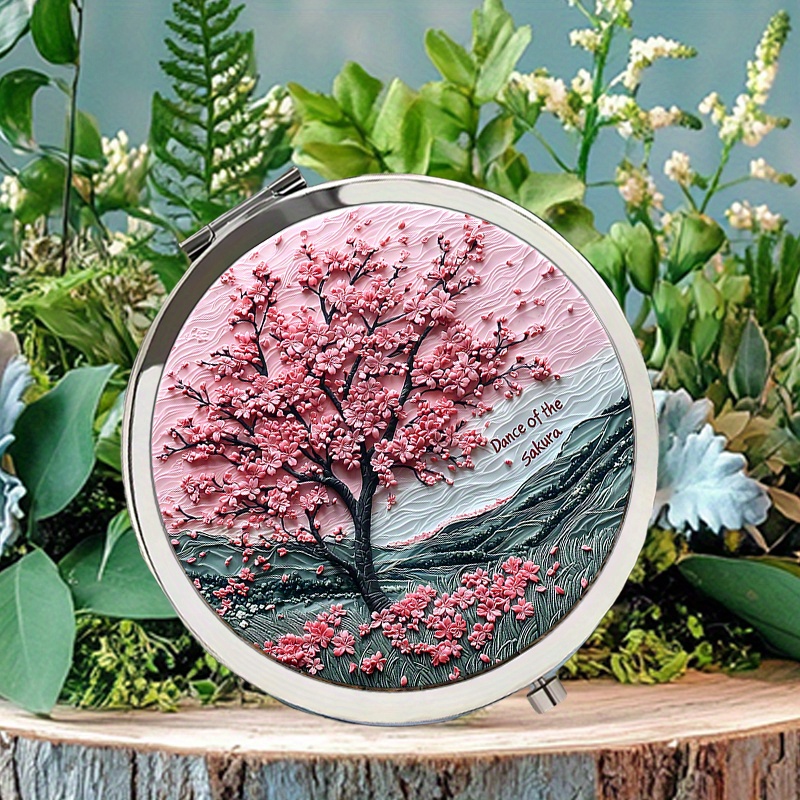 TEMU Espejo de Maquillaje Vintage Sakura con Exquisitos Relieve de en un Cielo Rosa, Ideal para , o como un Regalo Encantador para y Viajes