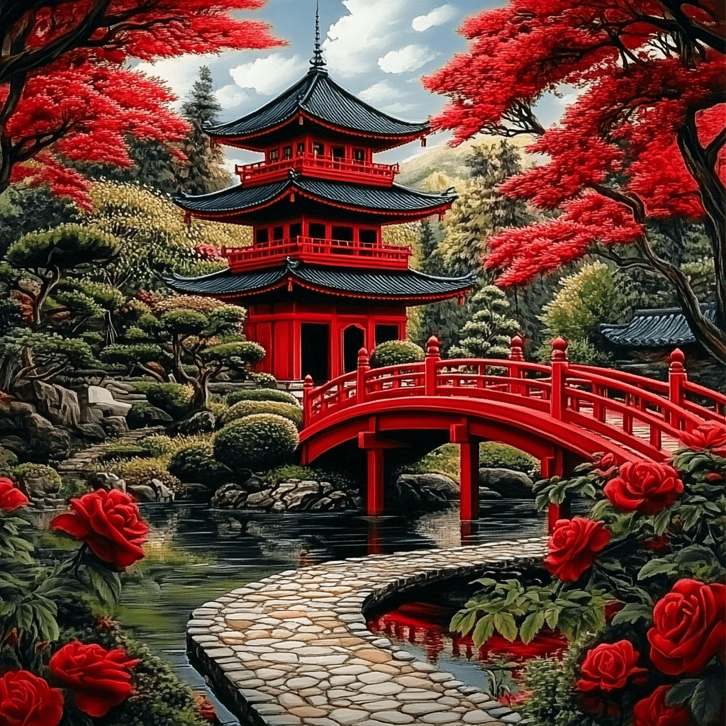 TEMU Ancien pavillon, pont en , floraux et feuilles d'érable, thème d'art de peinture diamant, convient aux débutants et aux passionnés pour des