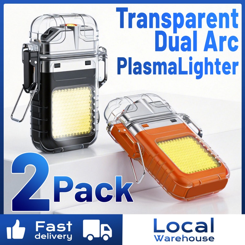 TEMU Transparent Dual Arc Plasma Lighter - Usb Rechargeable, Flameless & Windproof, For Outdoor Camping, Edc, Survival And Tactical Use (2-pack),